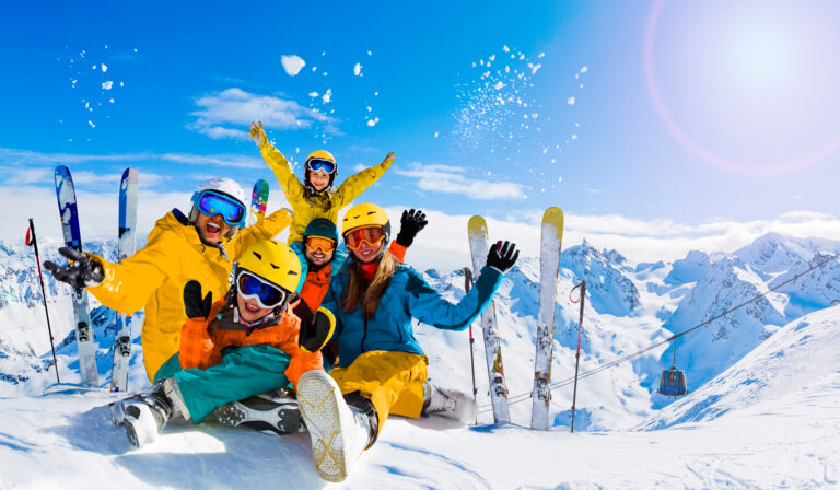Ski,In,Winter,Season,,Mountains,And,Ski,Family,On,The