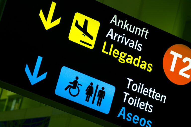 Arrivals,And,Toilets,Sign,Panels,In,Airport,,Malaga.