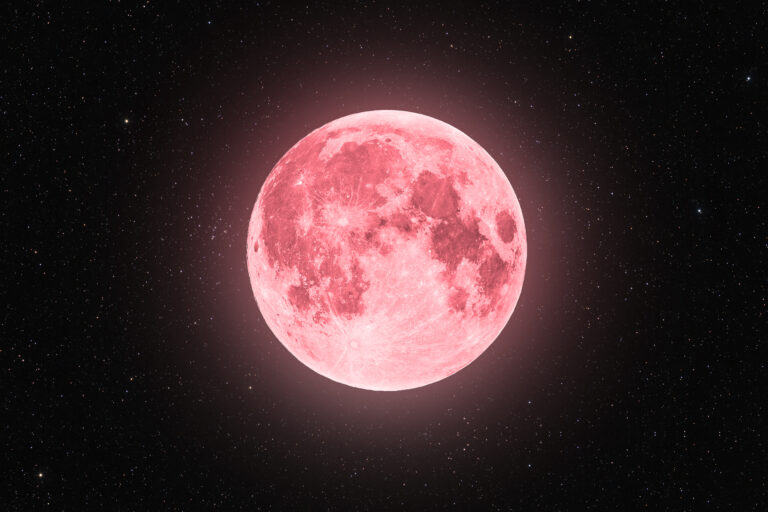 Pink,Full,Super,Moon,Glowing,With,Pink,Halo,Surrounded,By
