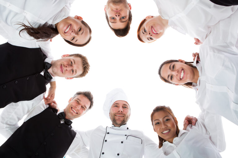 Waiters,And,Waitresses,Standing,In,Circle.,Isolated,On,White